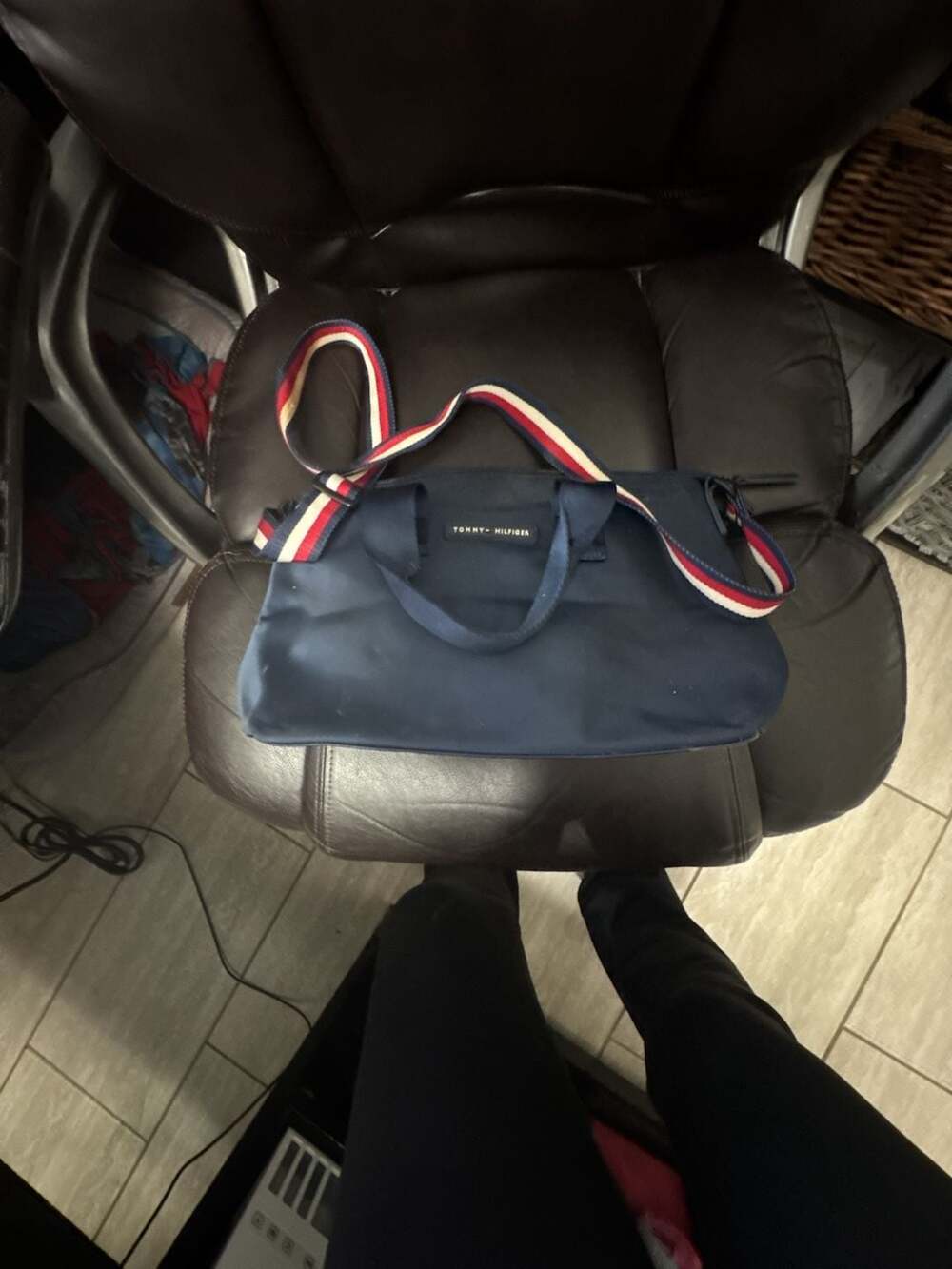 Tommy Hilfiger Navy Blue Crossbody Bag with Red White and Blue Stripe Strap